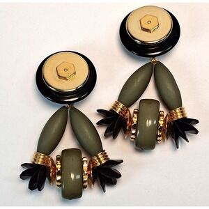 Vintage 80s Statement Clip On Earrings Geometric Matte Olive Green & Black